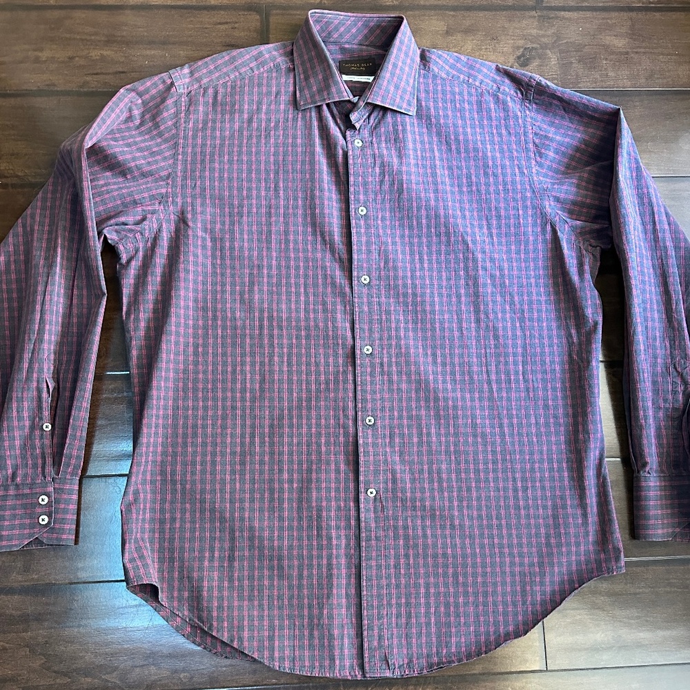 Thomas Dean Made in Italy Charcoal Red Long Sleeve Shirt Sz L